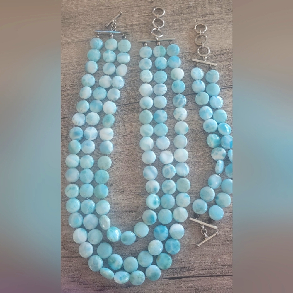 Marahlaho Seafoam SS Larimar Triple Strand Necklace & Bracelet; Retired; RARE